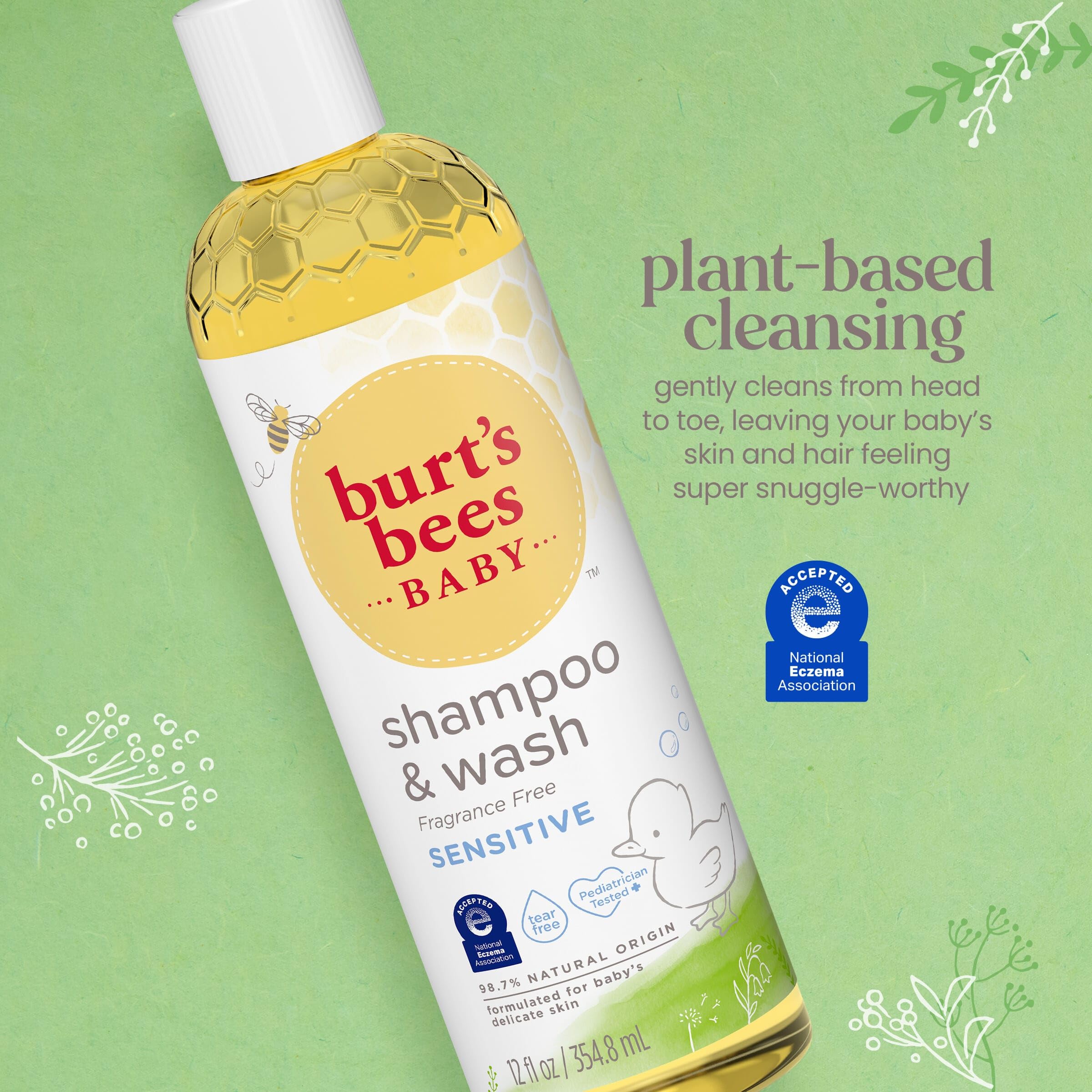 Burt's Bees envase 12 oz junto a objetos para mostrar escala práctica