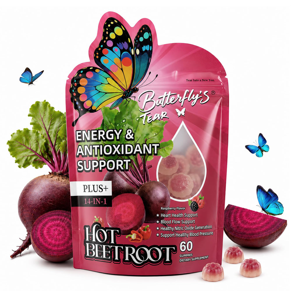 BUTTERFLY'S TEAR envase frontal mostrando 60 gomitas y beneficios