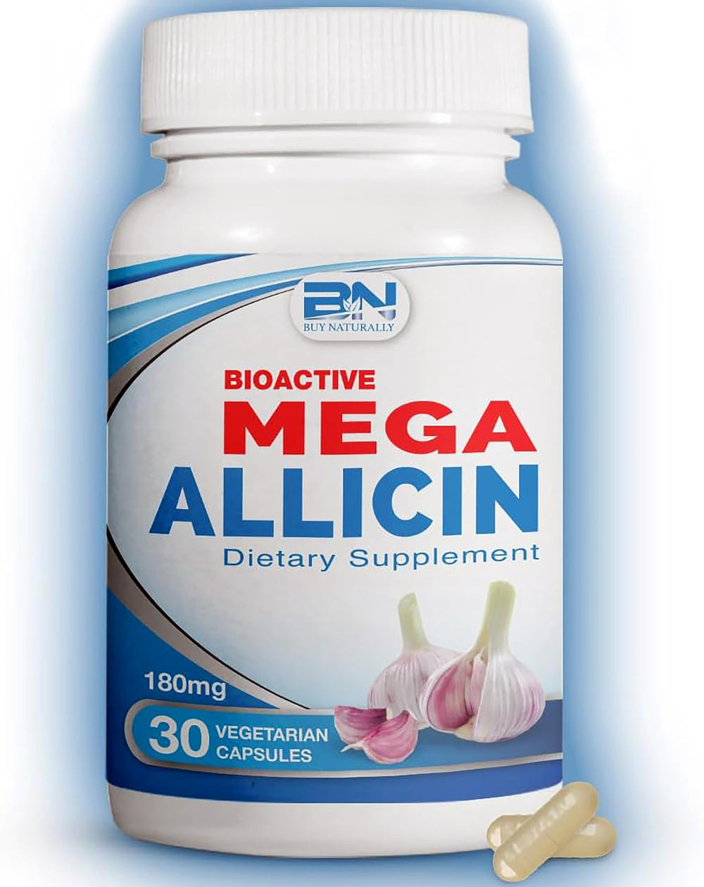 BuyNaturally bote frontal de Mega Allicin mostrando 30 cápsulas y etiqueta clara