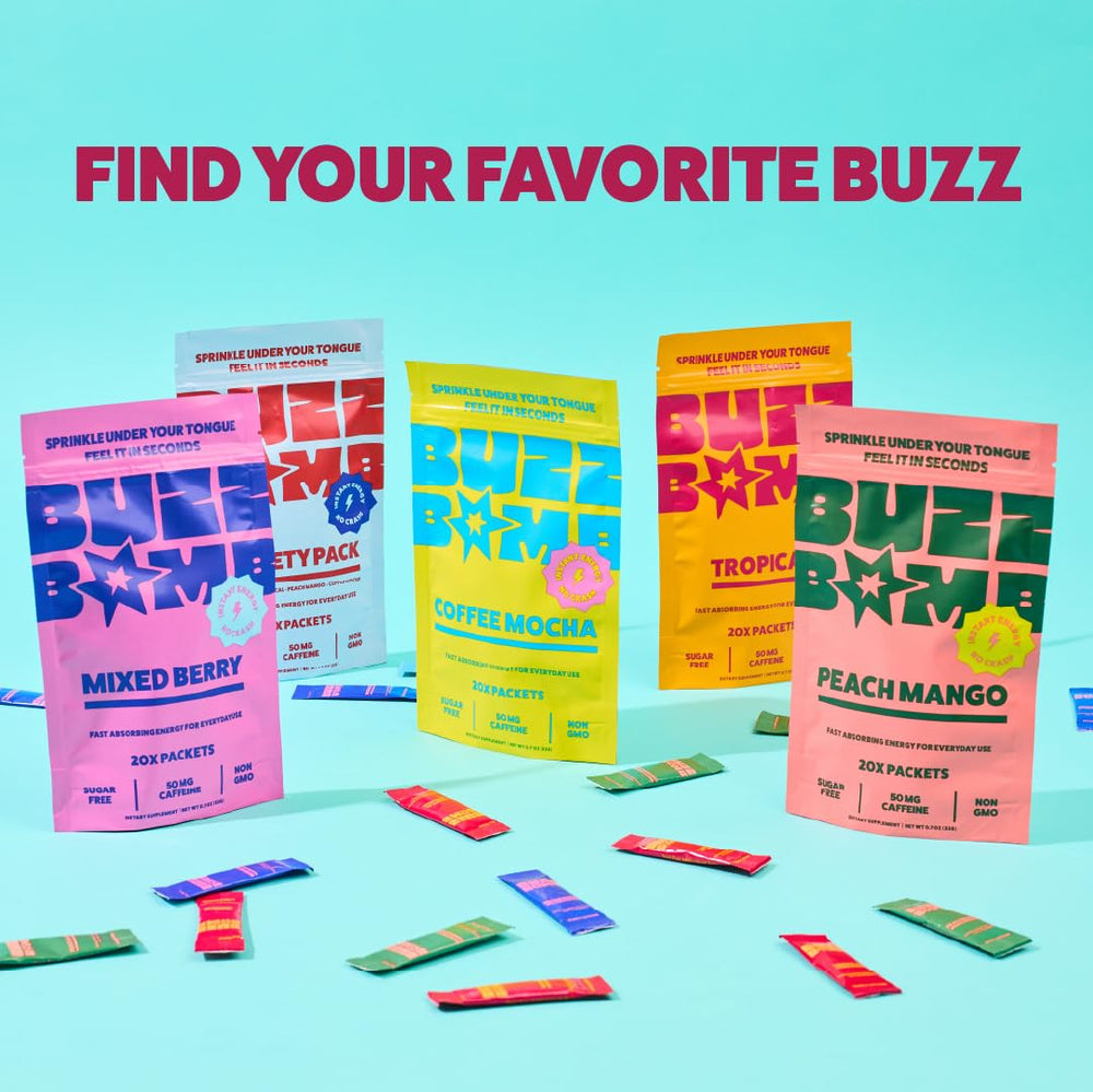 BUZZ BOMB montaje de sabores Tropical, Mixed Berry, Coffee Mocha, Peach Mango