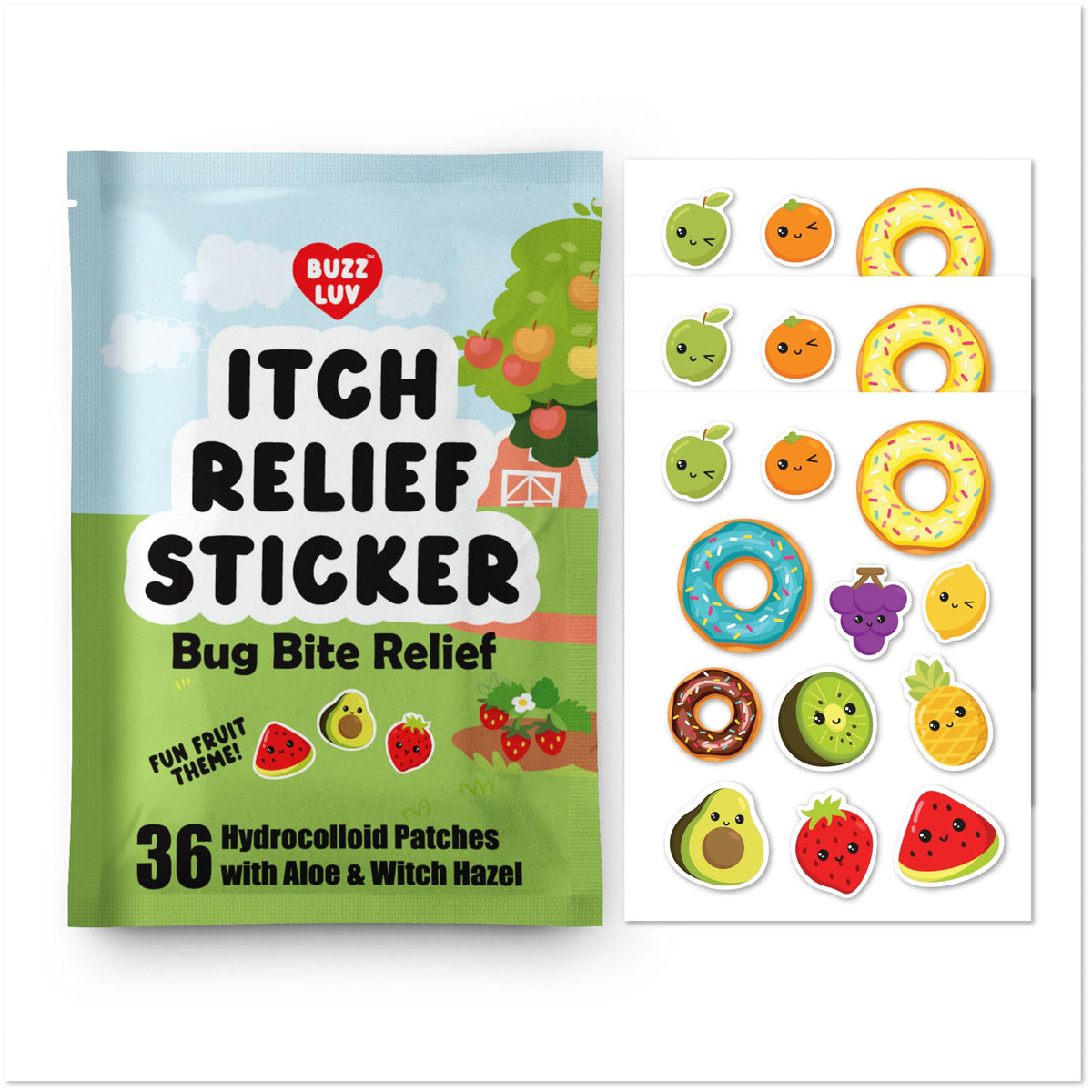 BUZZLUV empaque frontal mostrando parches hidrocoloides y beneficios
