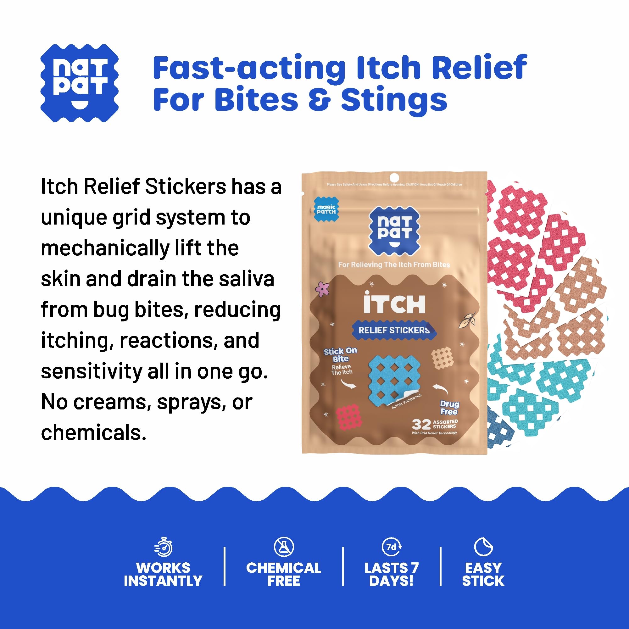 BUZZPATCH caja abierta con parches listos para usar en botiquín