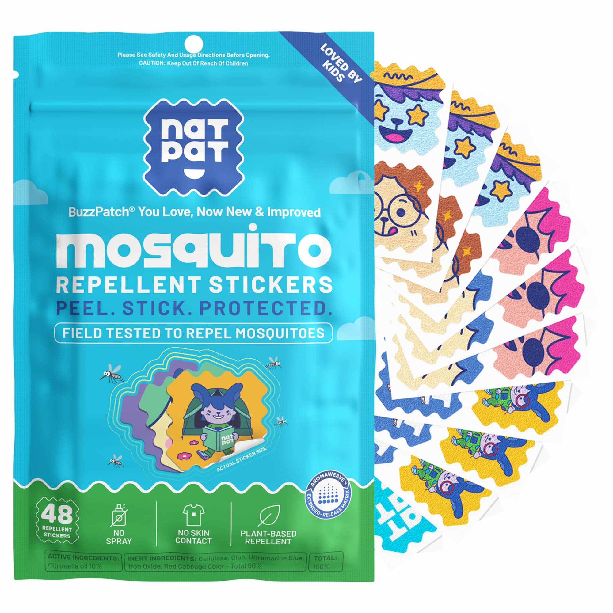 BUZZPATCH empaque frontal mostrando 48 parches y beneficio portabilidad