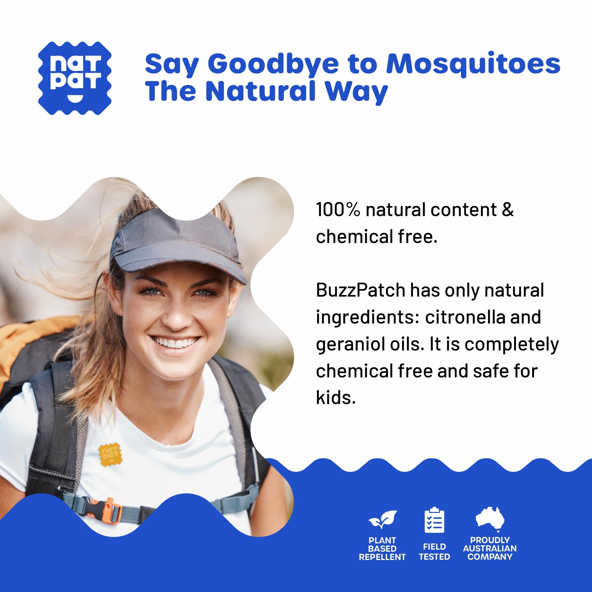 BUZZPATCH parche en mano para comparar tamaño y uso portátil