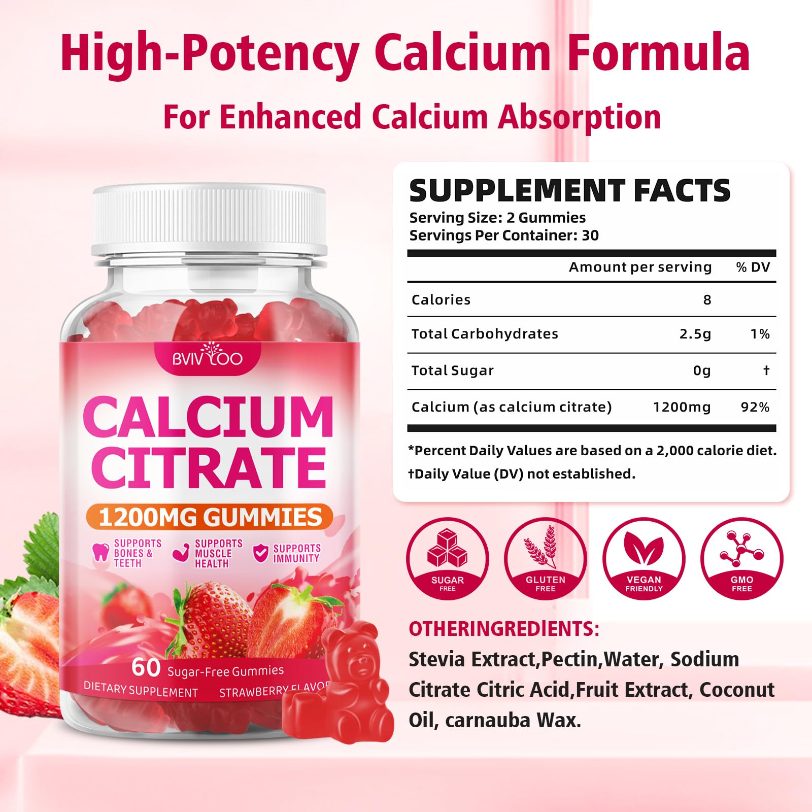 BVIVLOO gomitas calcio 1200 mg primer plano, textura suave para masticar