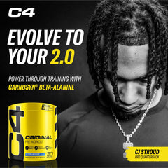 C4 cucharada con porción que indica 150 mg de cafeína por servicio