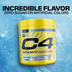 Atleta con C4 Ripped tomando pre entreno en gimnasio, marca C4 para rendimiento