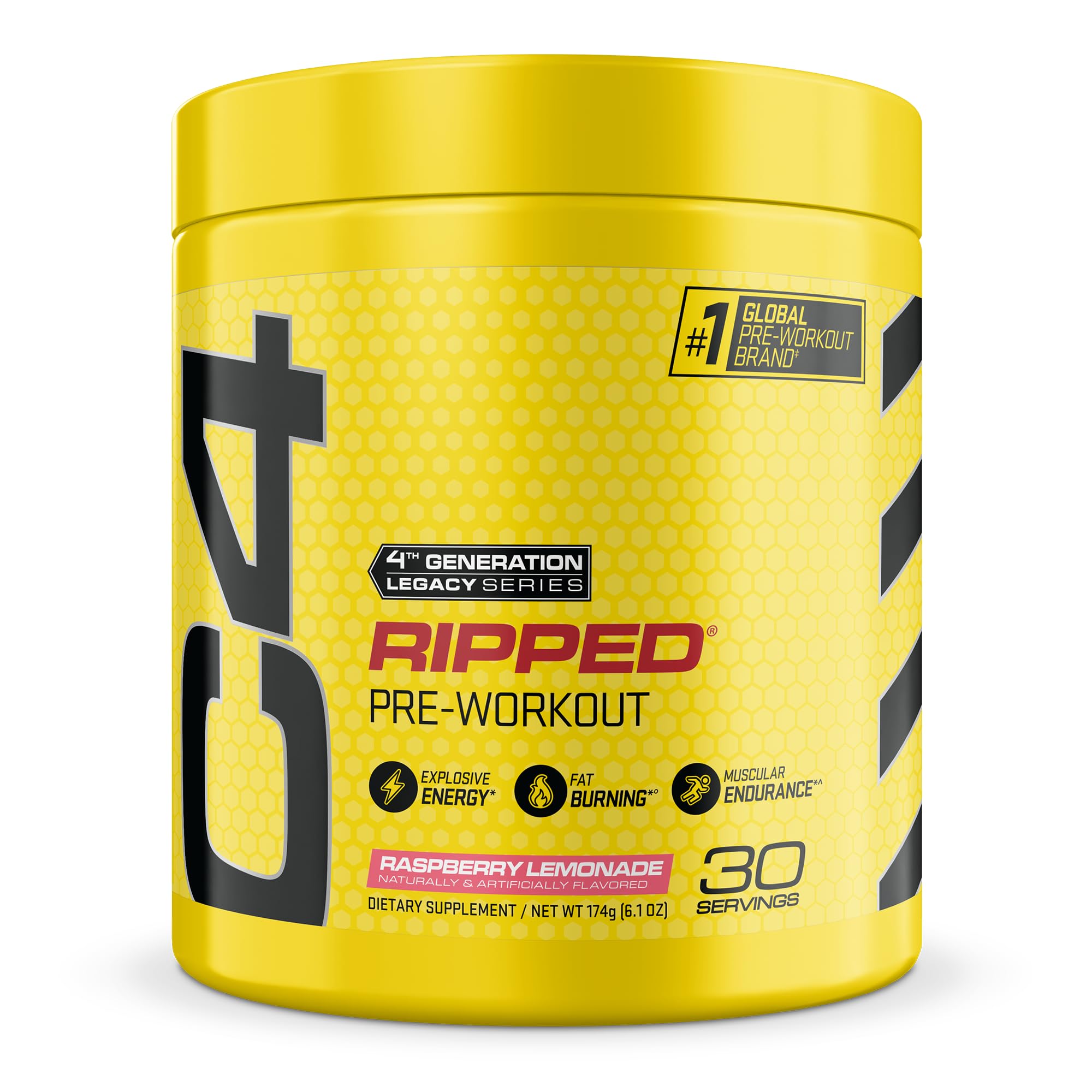 C4 frasco frente con etiqueta visible, enfoque en sabor Raspberry Lemonade y energía