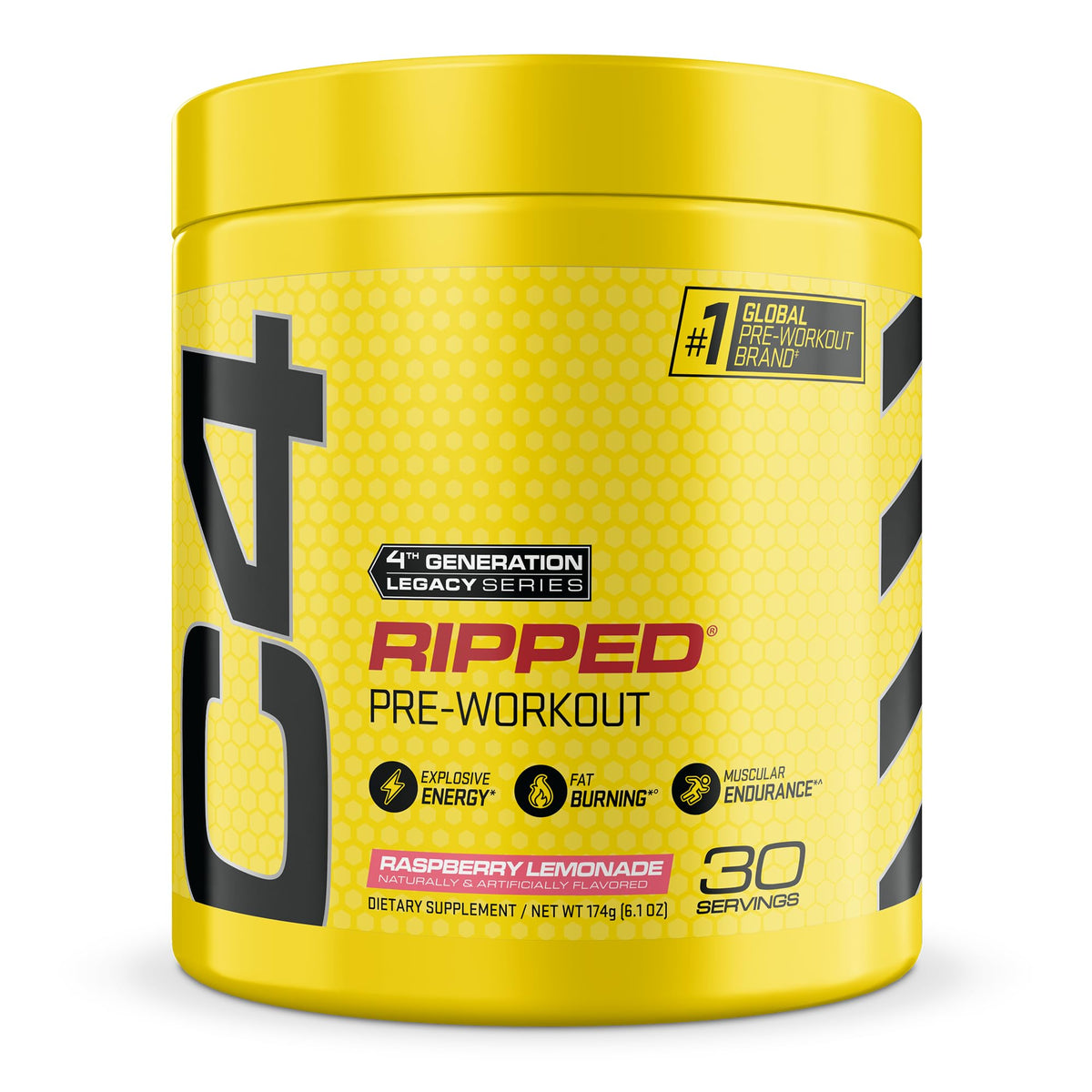 C4 frasco frente con etiqueta visible, enfoque en sabor Raspberry Lemonade y energía