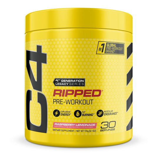 C4 frasco frente con etiqueta visible, enfoque en sabor Raspberry Lemonade y energía