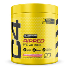 C4 frasco frente con etiqueta visible, enfoque en sabor Raspberry Lemonade y energía