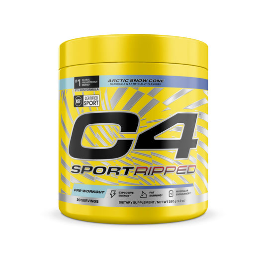C4 Ripped frente del envase mostrando diseño y volumen, marca C4 para reconocimiento