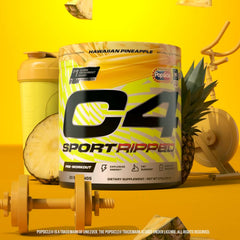 Vaso con C4 Ripped preparado y bebida efervescente listo para entrenar