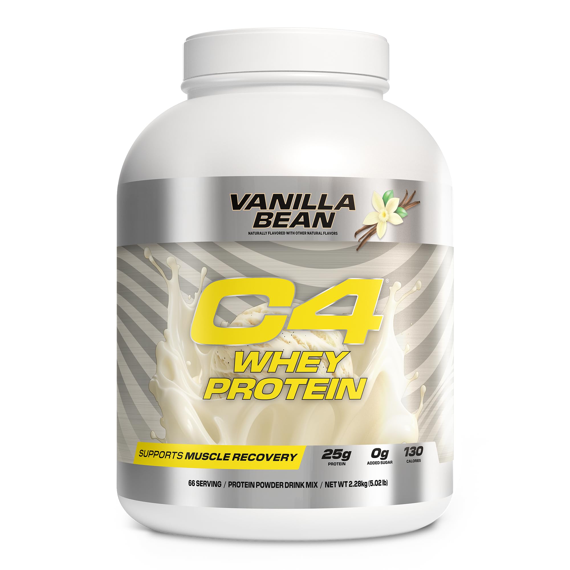 Envase C4 Whey Protein frente mostrando 66 servicios y sabores reconocidos
