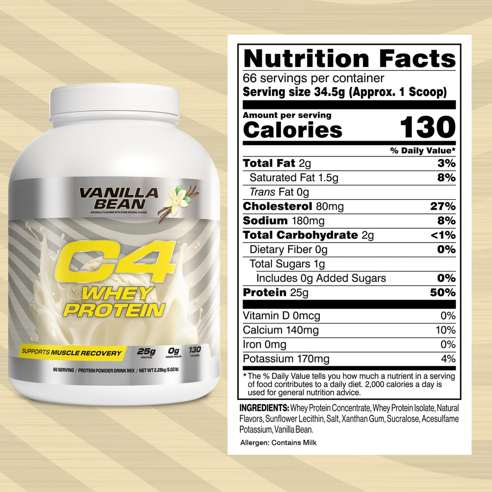 Cuchara con polvo C4 Whey Protein mostrando textura fina y mezcla fácil