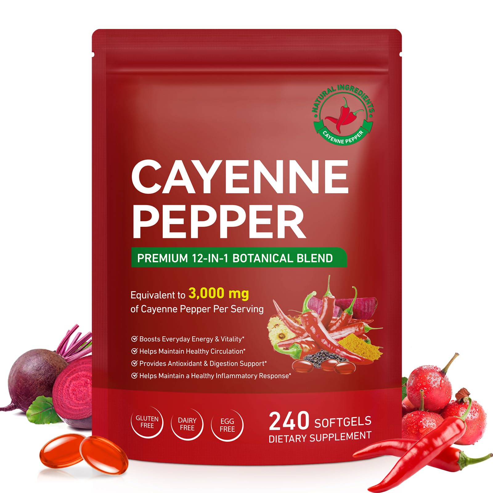 Cacukn frontal del envase mostrando 240 softgels y beneficios clave