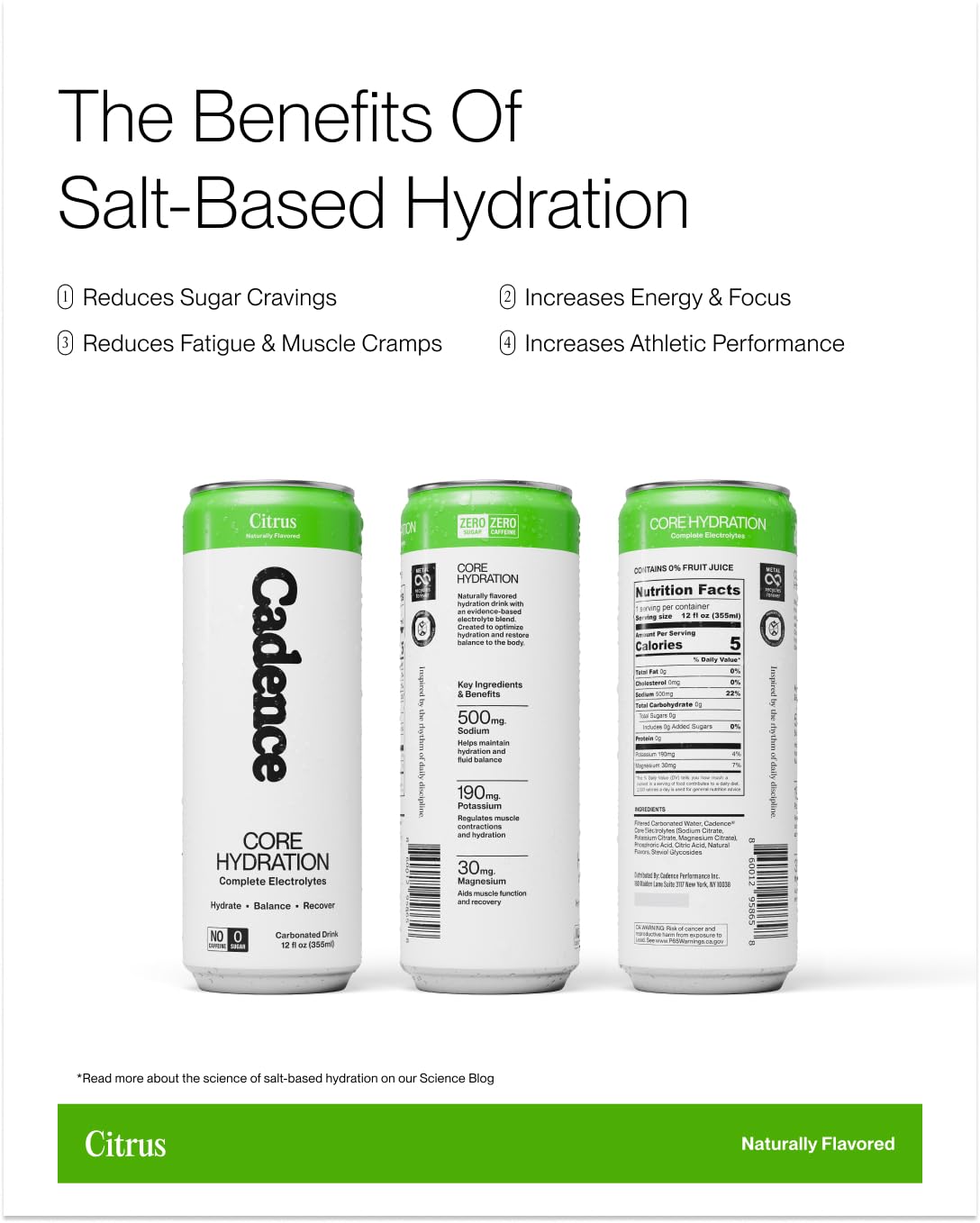 Cadence etiqueta de ingredientes resaltando electrolitos y beneficios
