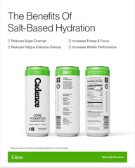 Cadence etiqueta de ingredientes resaltando electrolitos y beneficios
