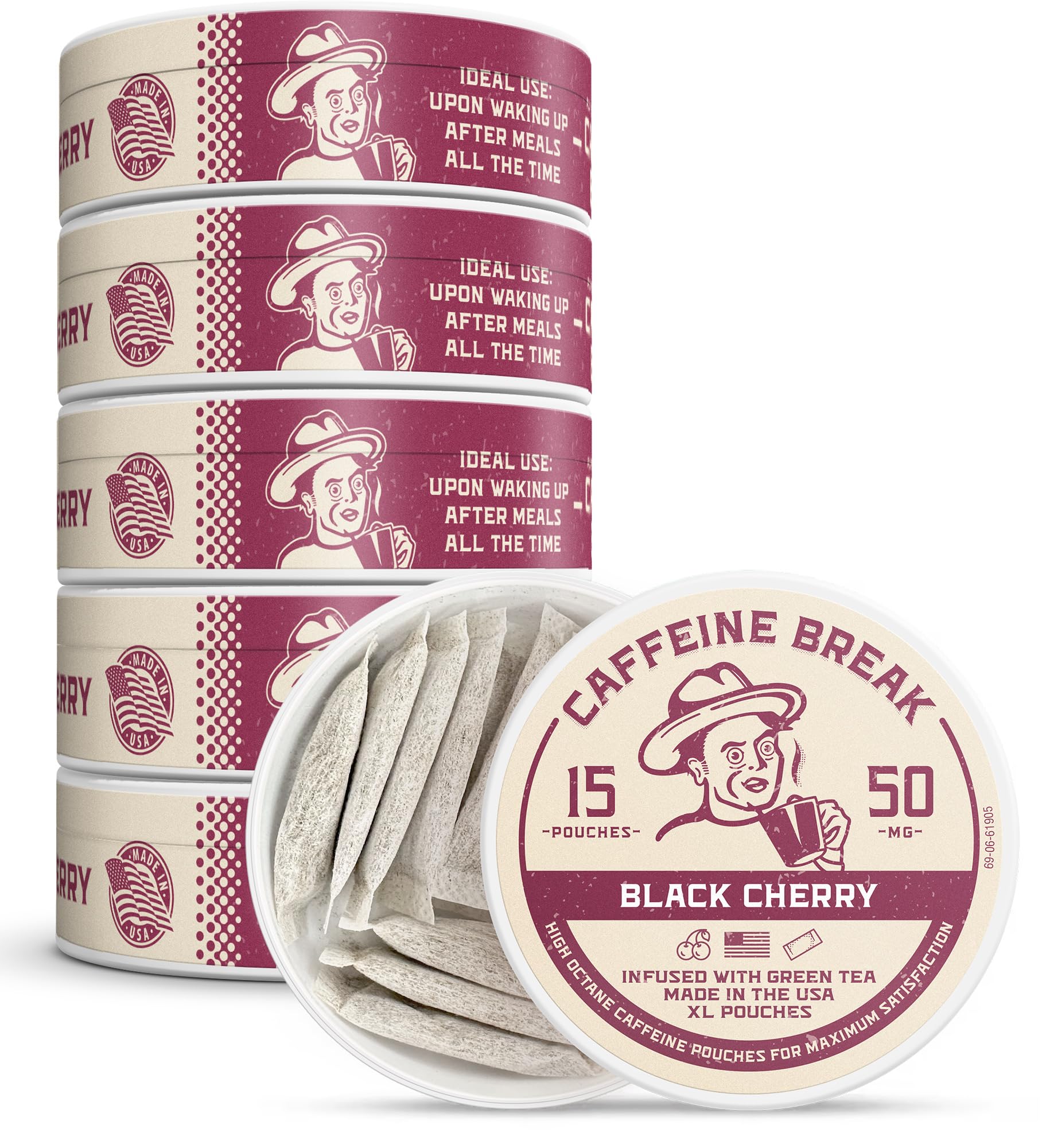 Caffeine Break lata frontal Black Cherry muestra diseño y beneficio portátil