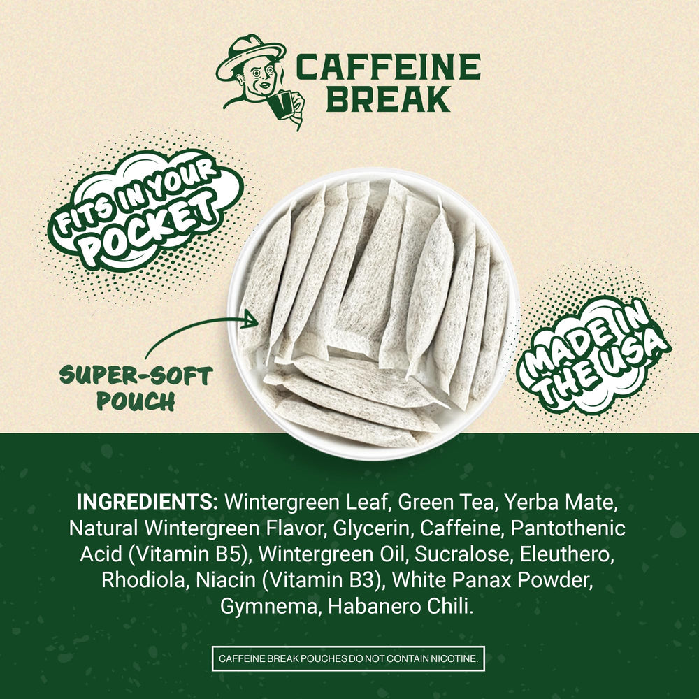 Caffeine Break pouch primer plano, textura y corte limpio