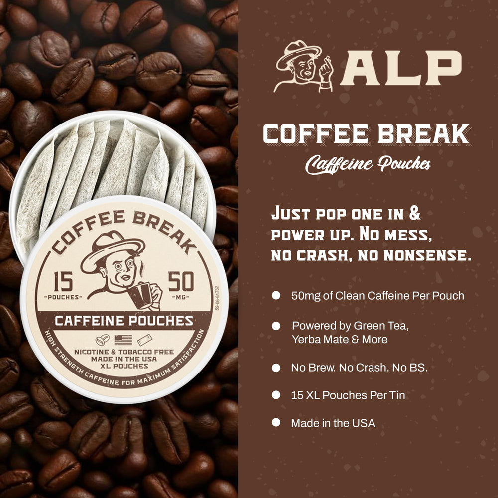 Caffeine Break pouch junto a tarjeta de tamaño para referencia clara