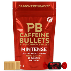 Caffeine Bullet frente del envase mostrando 40 chews y beneficio energía rápida