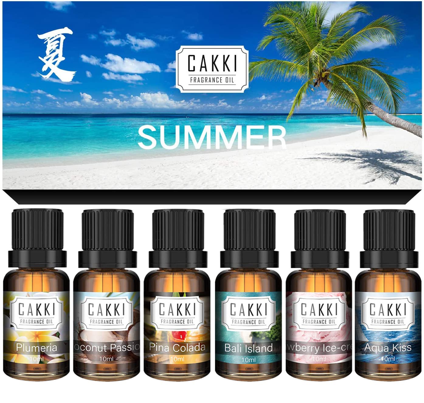 CAKKI set verano frontal mostrando seis botellas ámbar y beneficio de variedad aromática