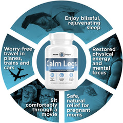 Calm Legs tamaño de tableta en mano para referencia de dosificación