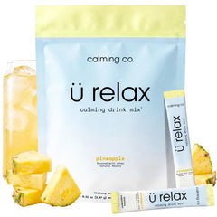 Calming Co. Ü Relax 2.0 frente del empaque mostrando 20 sobres, fácil almacenamiento