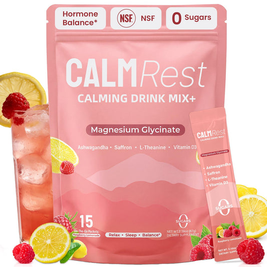 CalmRest vista frontal del empaque mostrando diseño rosa y beneficios claros