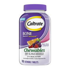 Caltrate frasco frontal de 90 tabletas masticables, presentación clara y útil