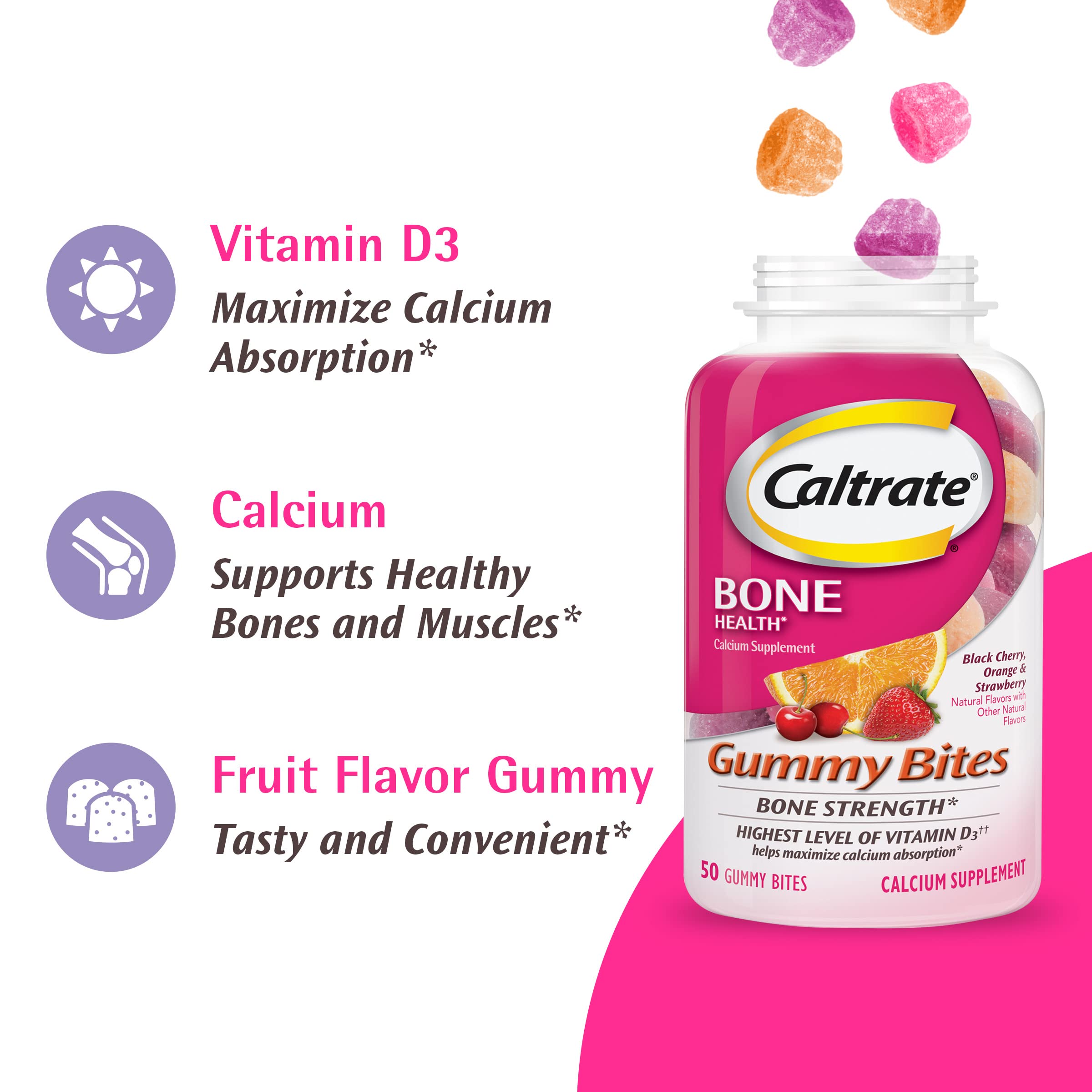 Caltrate gomitas distribuidas sobre mesa, muestra variedad de colores y sabores