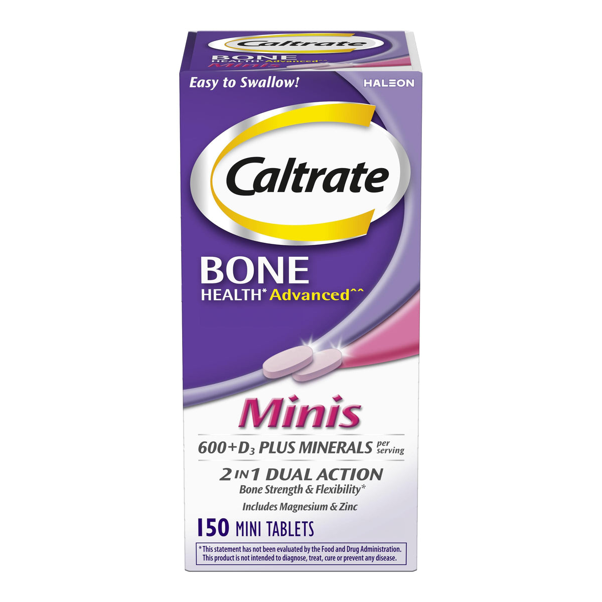 Caltrate frasco frontal mostrando 150 tabletas y facilidad de almacenamiento