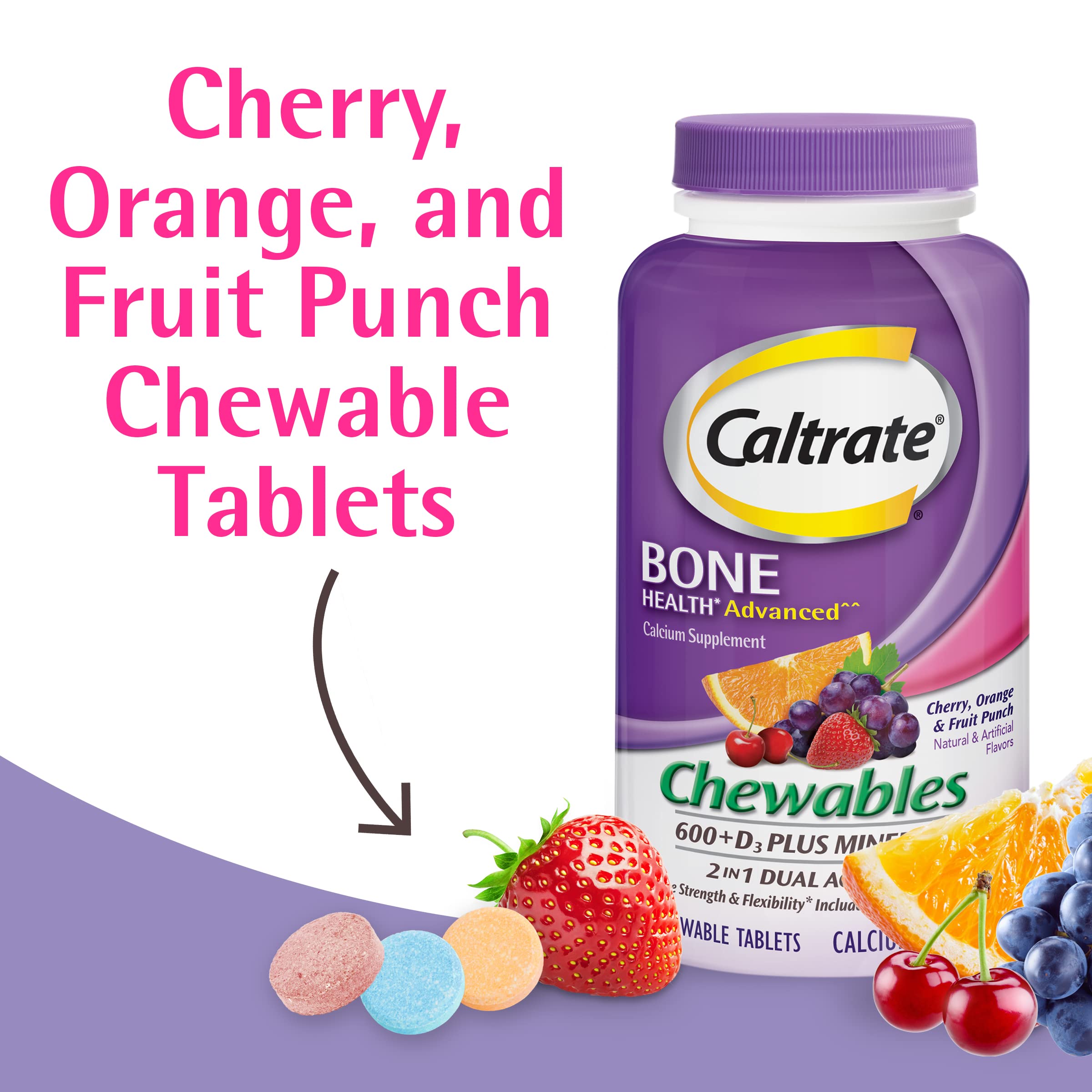 Caltrate tabletas extendidas que enseñan tamaño y forma masticable