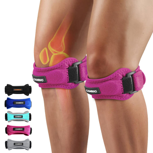 CAMBIVO vista frontal del empaque mostrando el pack de 2 correas para rodilla y beneficio de portabilidad