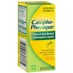 Campho-phenique envase frontal muestra dosificación y alivio rápido