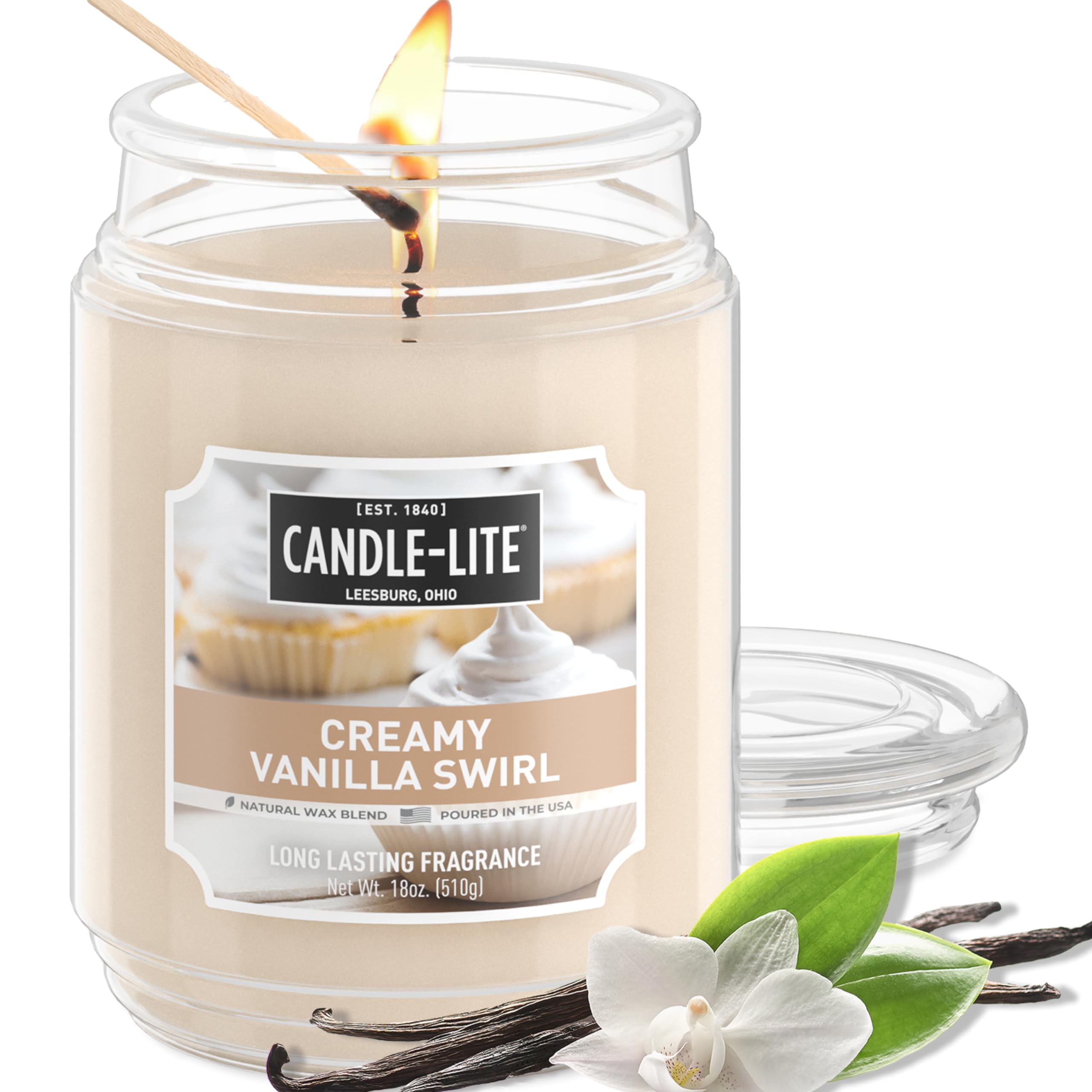 Candle-lite frasco frontal crema vainilla mostrando diseño y beneficio de presencia elegante