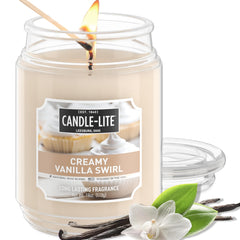 Candle-lite frasco frontal crema vainilla mostrando diseño y beneficio de presencia elegante