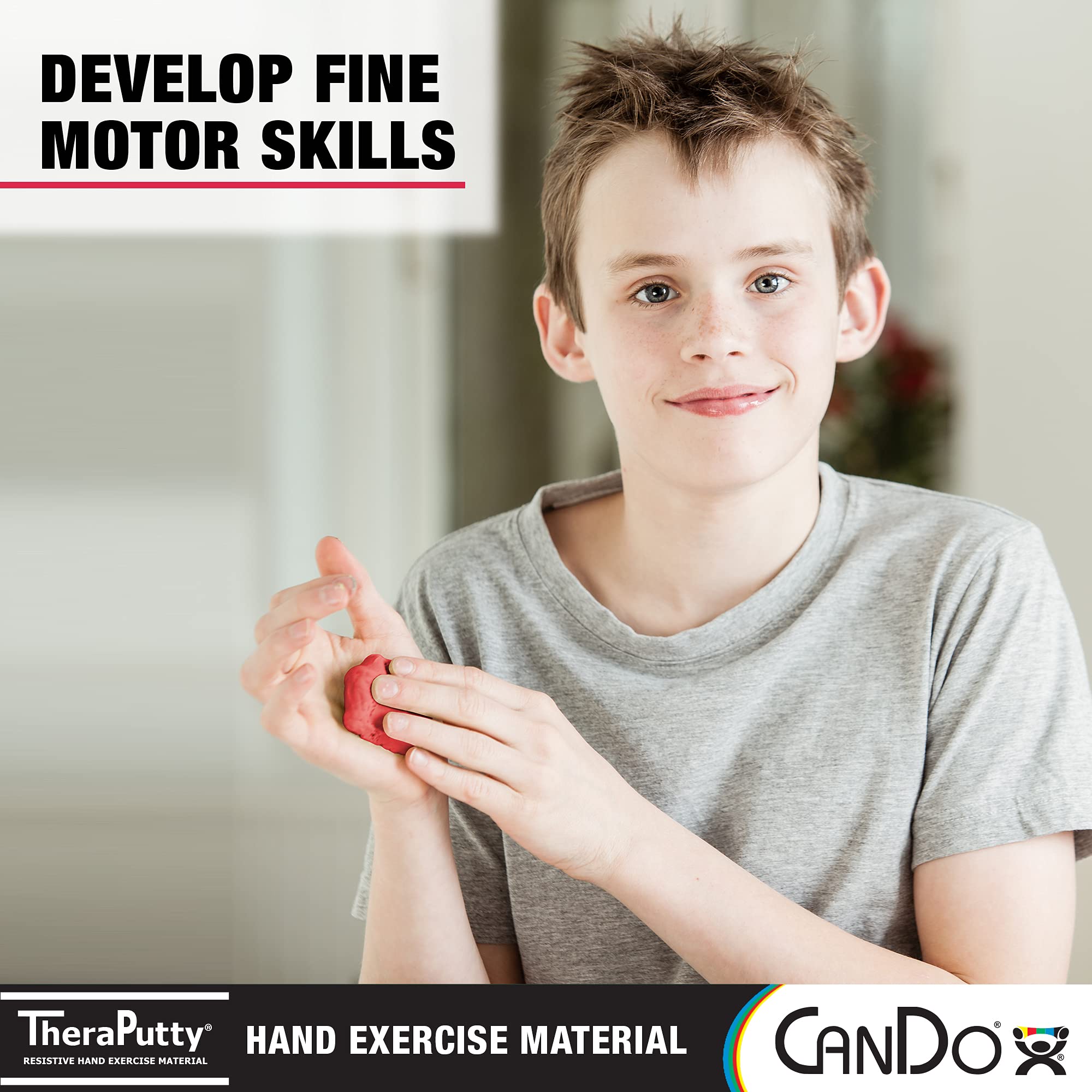 CanDo manos apretando putty para mejorar fuerza de agarre y rehabilitación