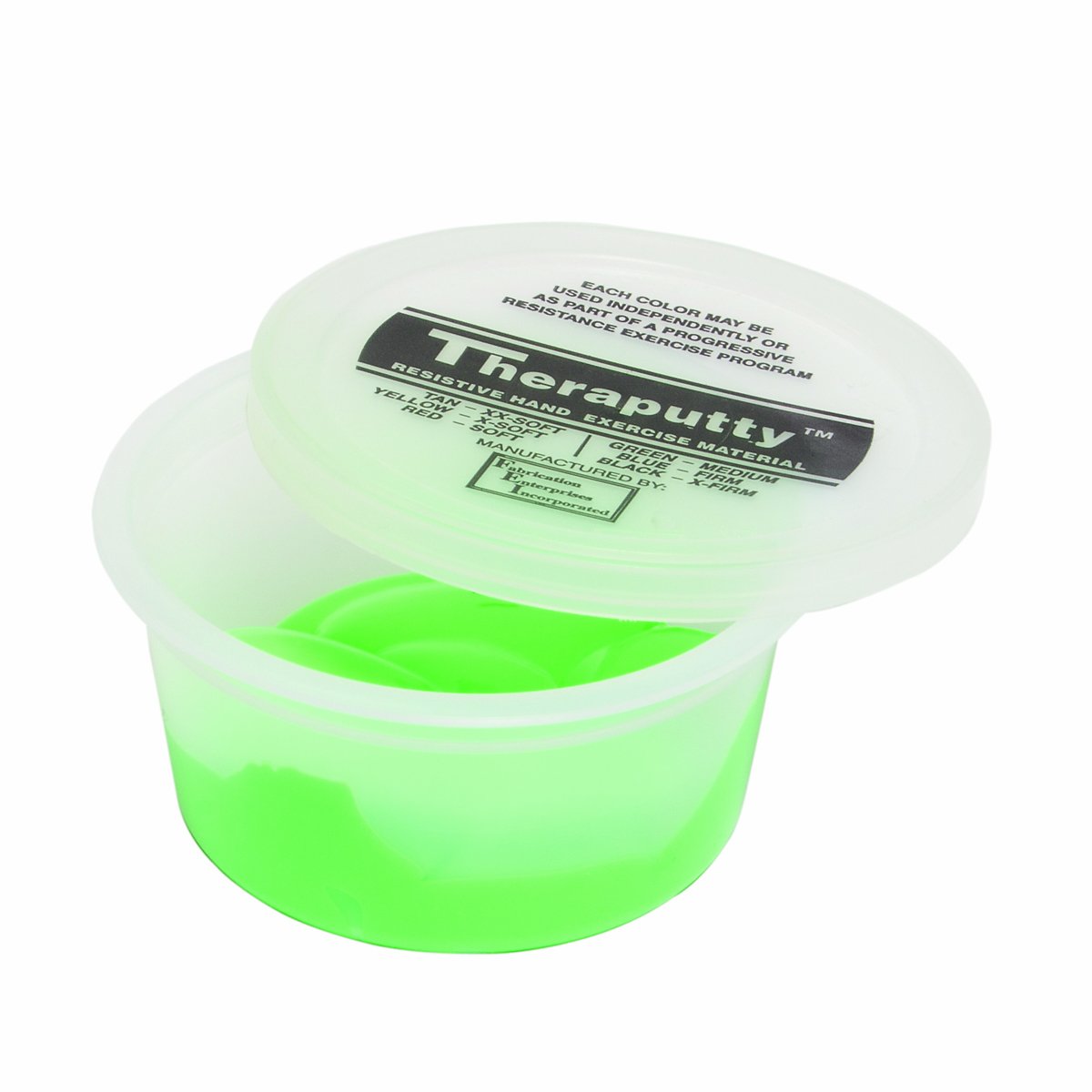 CanDo TheraPutty envase frontal mostrando color y resistencia, útil para fortalecer manos