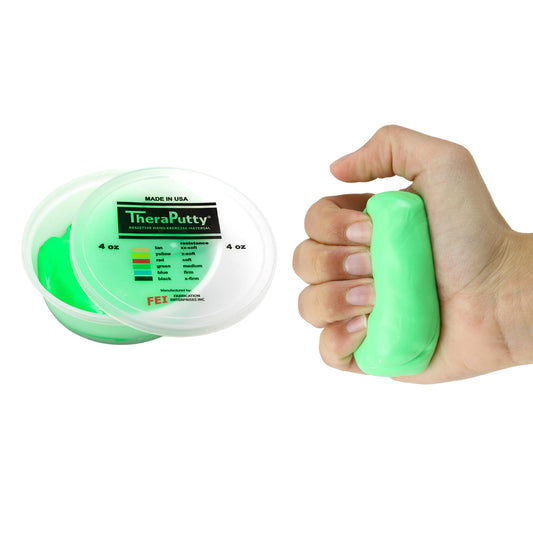 CanDo TheraPutty Plus envase frontal mostrando el color verde y tamaño práctico
