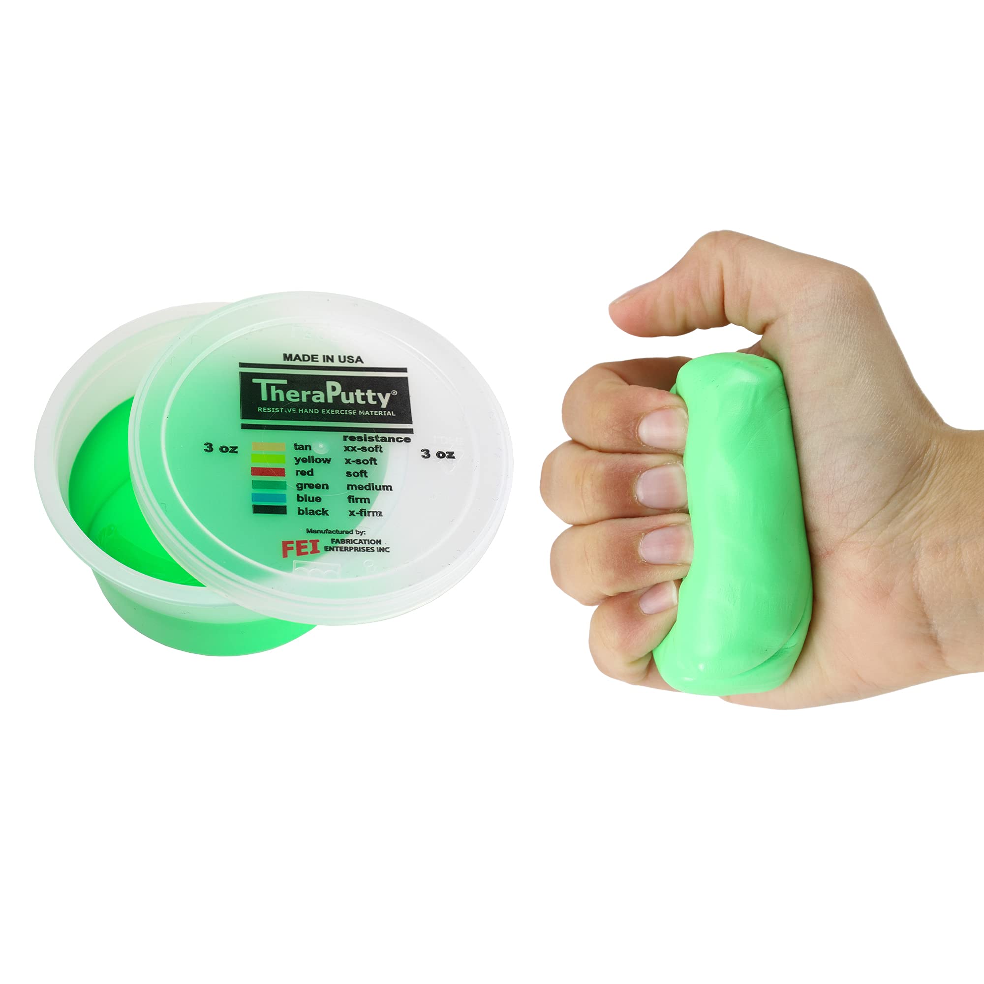 CanDo envase frontal de TheraPutty verde mostrando tamaño y portabilidad