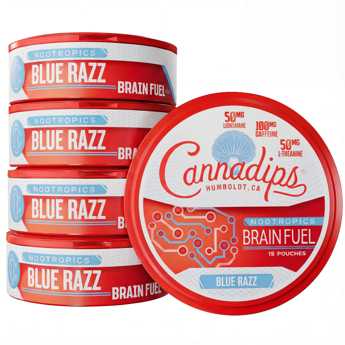 Cannadips frontal del envase mostrando el diseño y sabor Blue Razz, fácil identificación