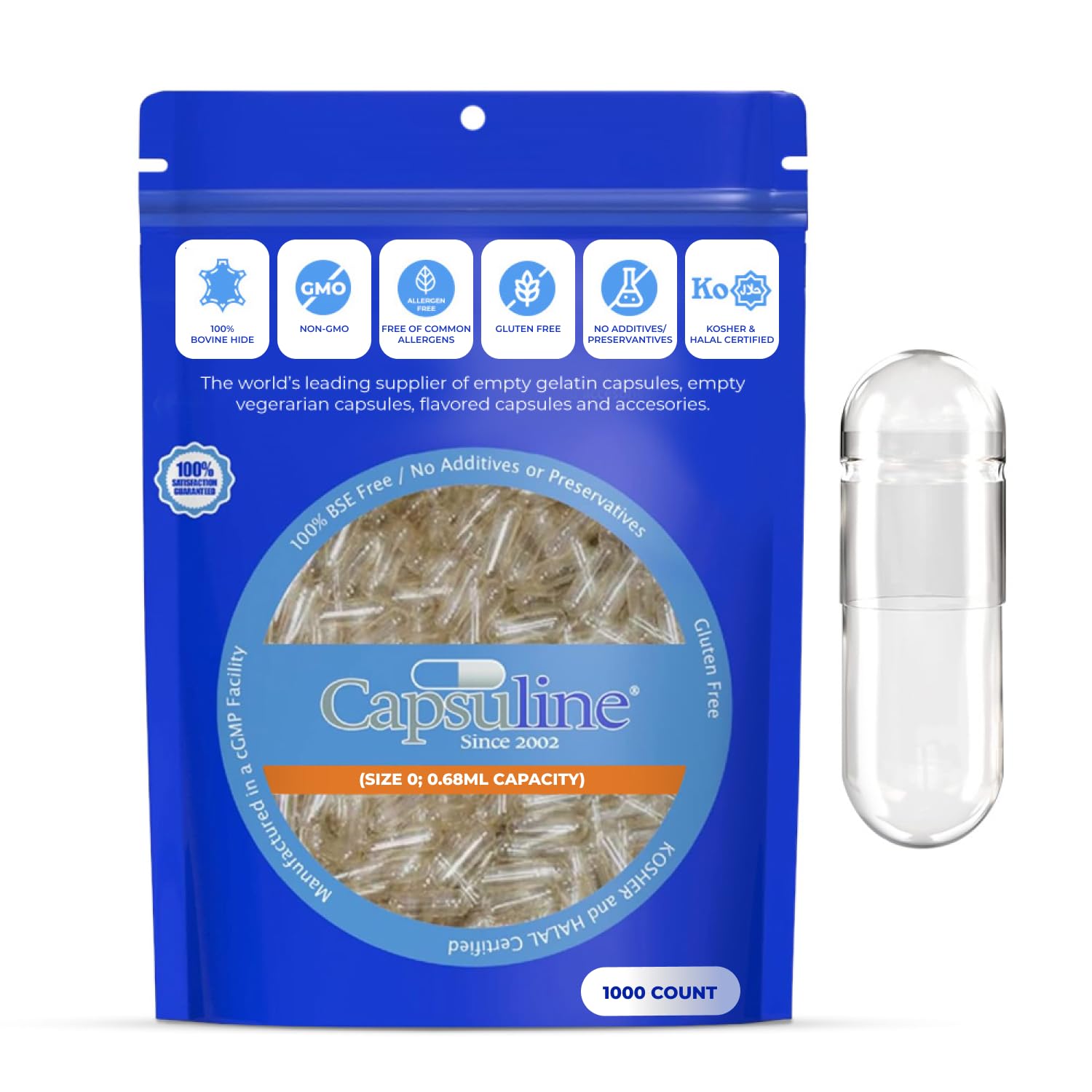 Capsuline empaque frontal mostrando caja y 1000 cápsulas, claridad y confianza