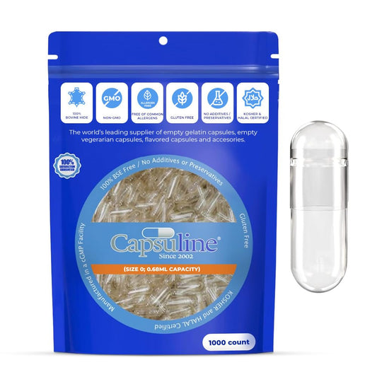 Capsuline cápsulas Size 0 paquete frontal mostrando cantidad y transparencia