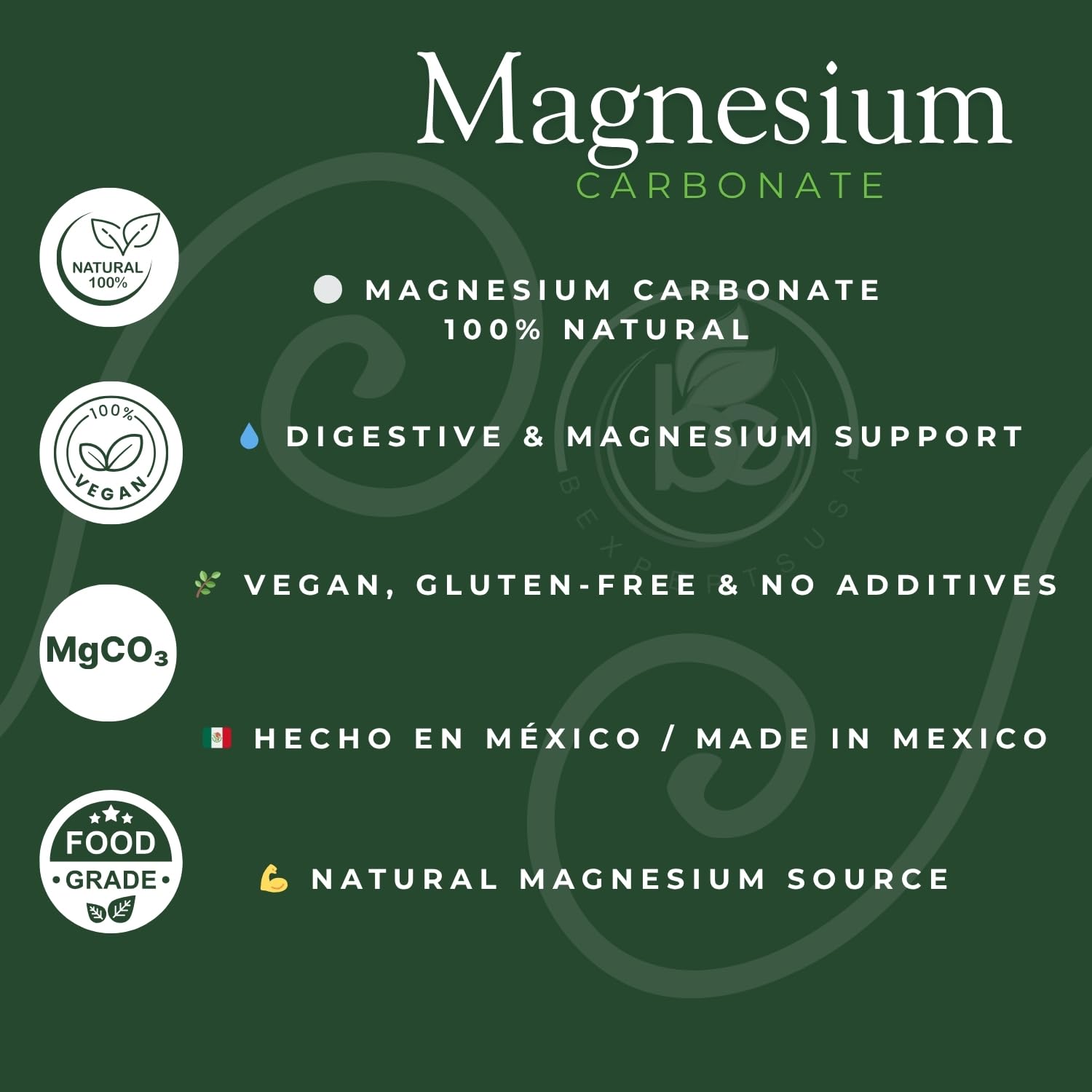 Generic carbonato de magnesio etiqueta y origen México resaltando control de calidad