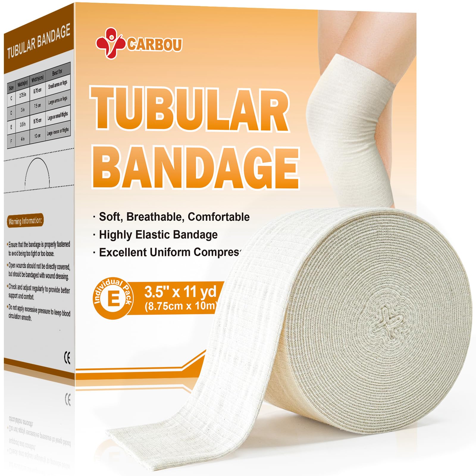 CARBOU empaque frontal mostrando talla E y beneficios de compresión