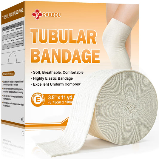 CARBOU empaque frontal mostrando talla E y beneficios de compresión