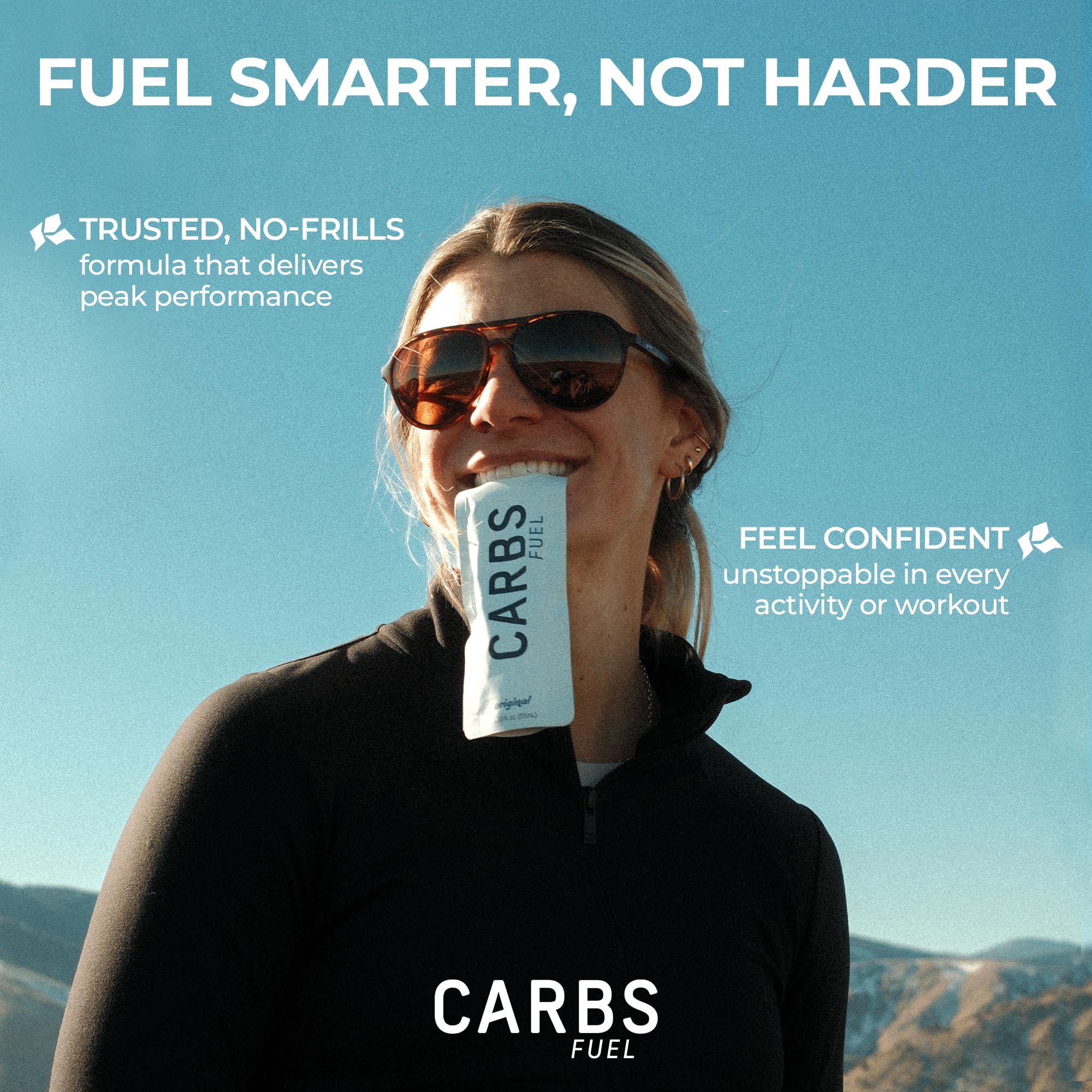 Carbs Fuel caja de 18 sobres destacando valor de 900g de carbohidratos por paquete