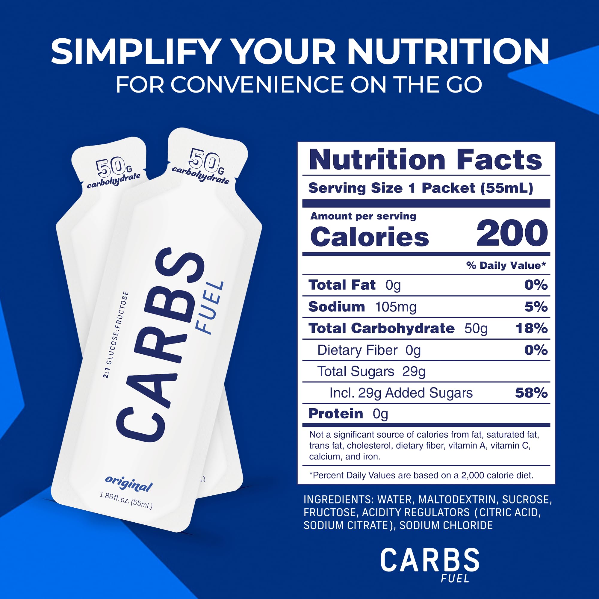 Carbs Fuel comparativa de dosis mostrando 50g por sobre y mayor densidad energética